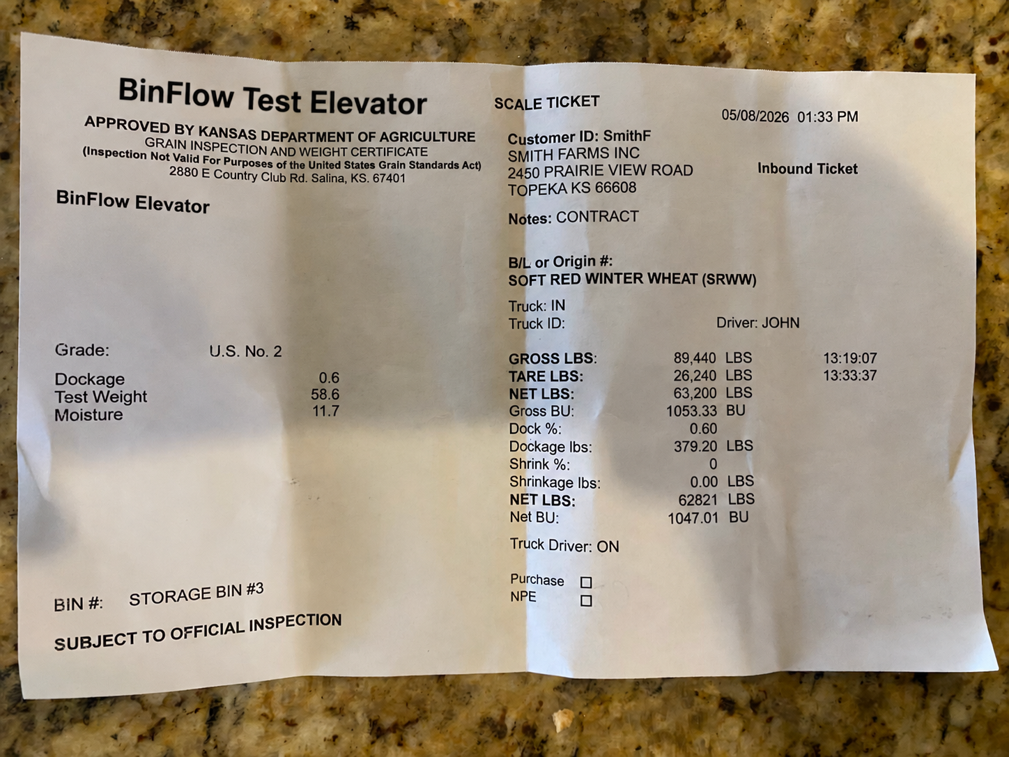Phone scanning a grain scale ticket with BinFlow OCR